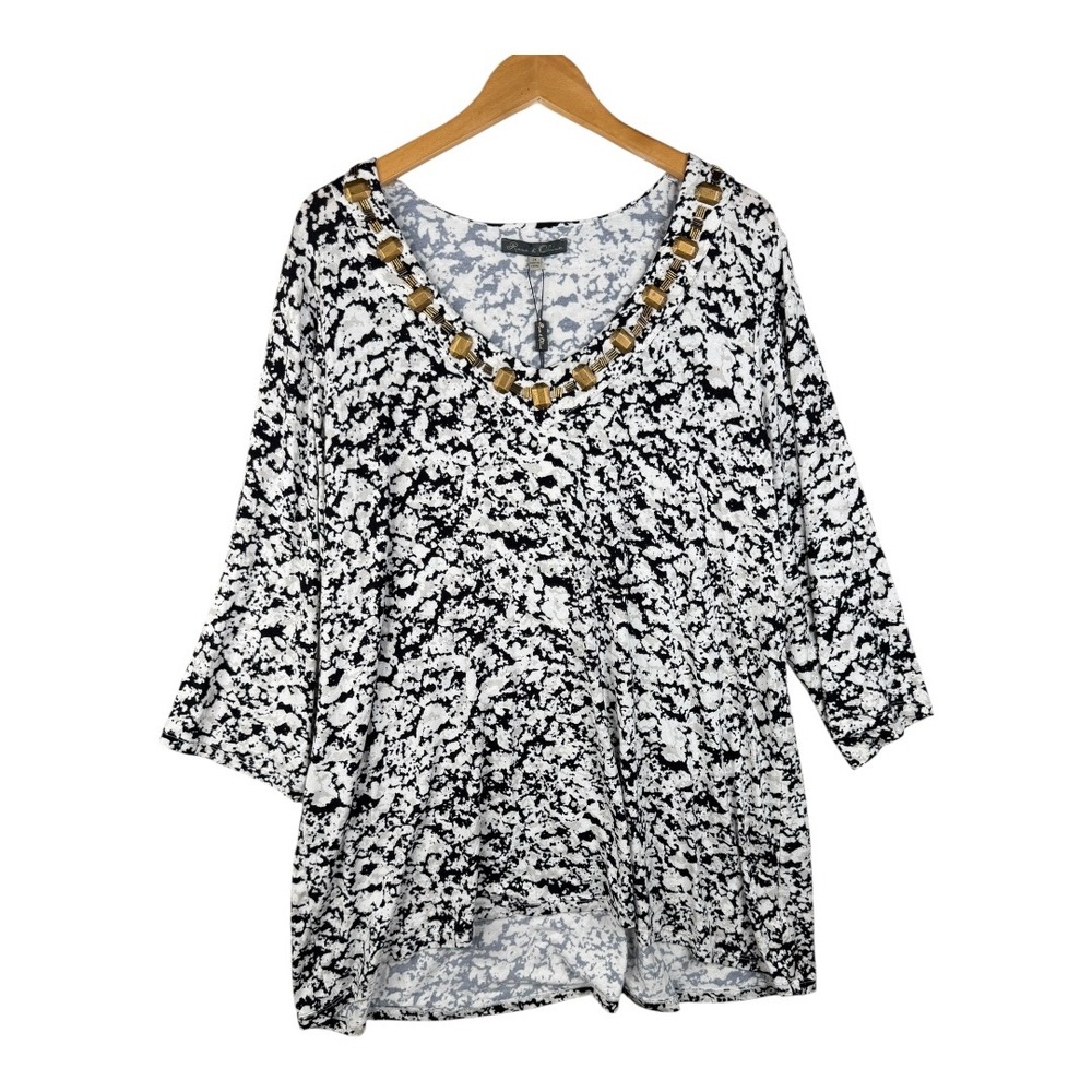 Rose & Olive Printed Embellished 3/4 Sleeve Blouse size 3X Black/White